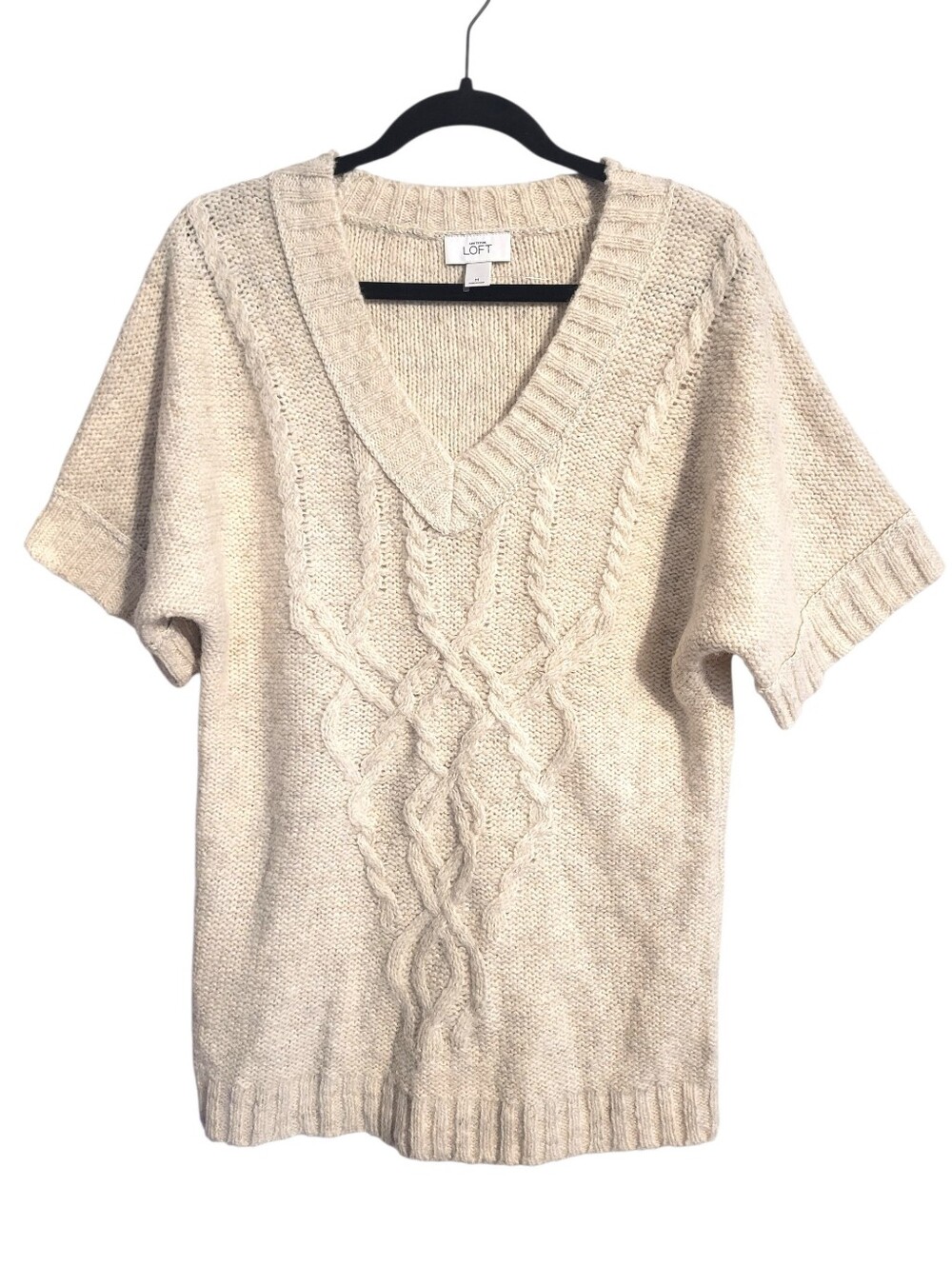 Ann Taylor Loft Cream Wool Linen Blend Cable Knit Shirt Sleeve Sweater M Cottage